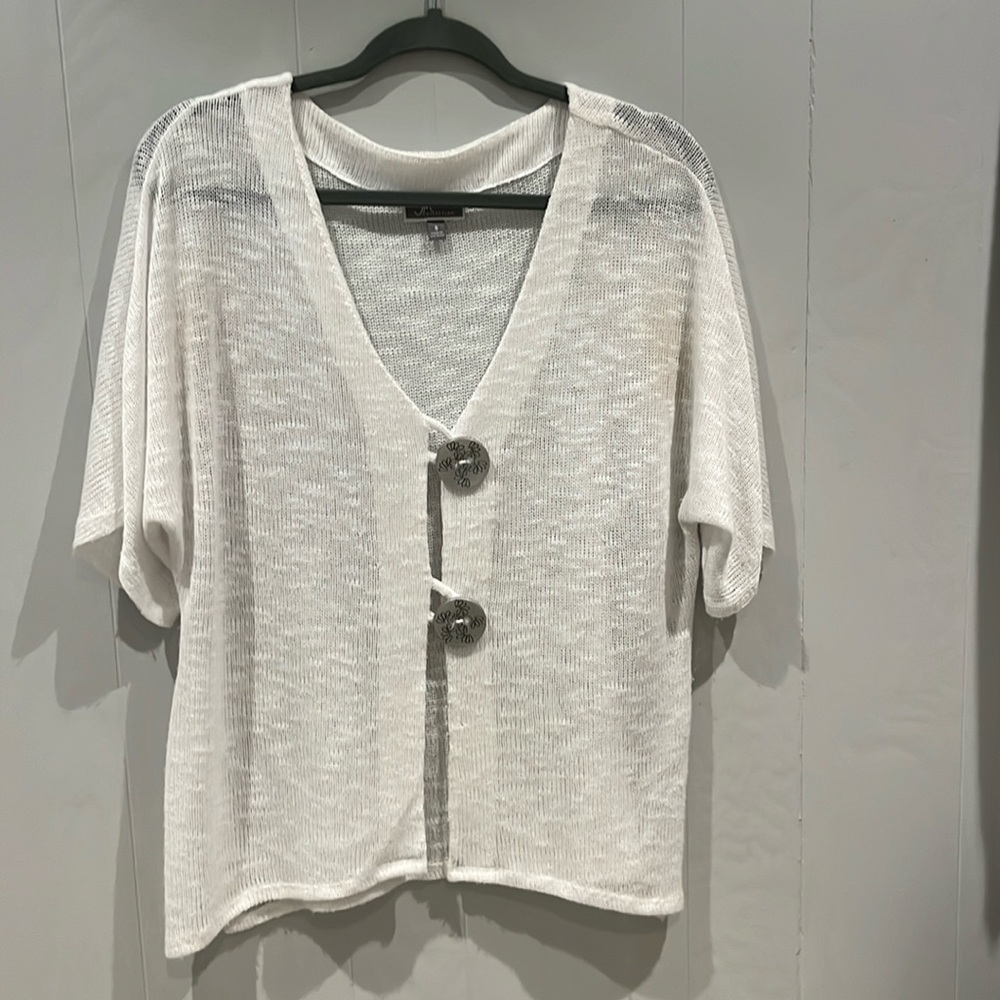 JM Collection White Gauze Sweater. Elbow length sleeves. Large silver buttons.